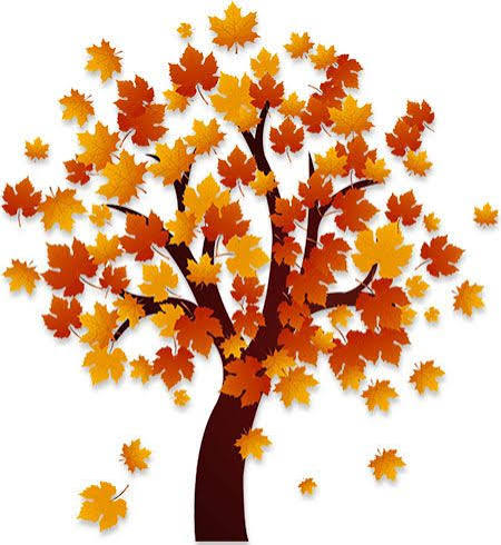 Tree in the fall with red and orange leaves falling down.